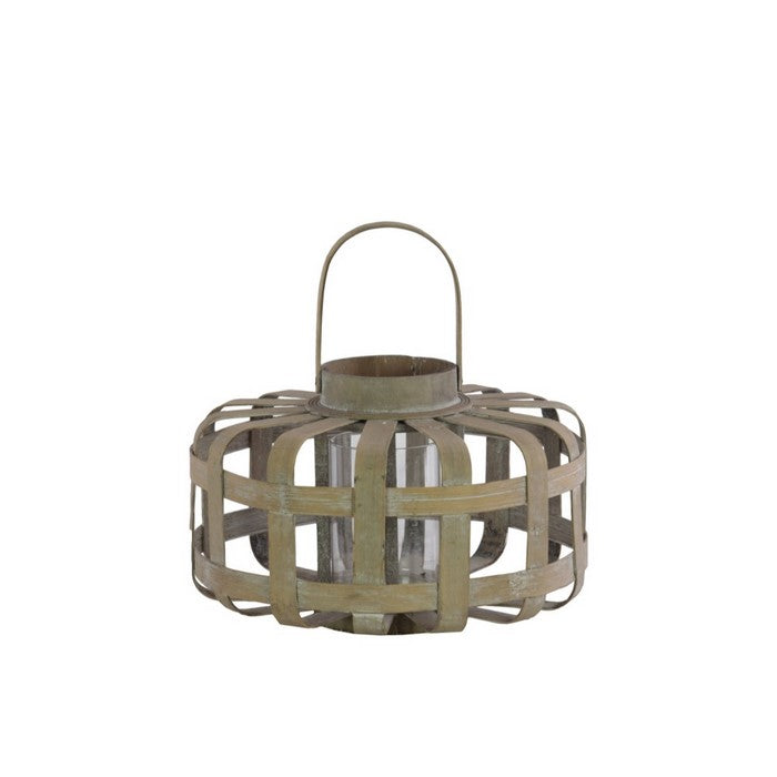 Wood Low Round Lantern with Lattice Design Body and Handle, Brown