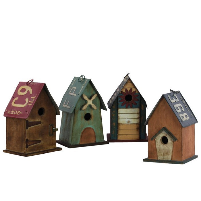 Wood Rectangle Birdhouse with Metal Roof and 1 Hole, Assortment of Four, Multicolor