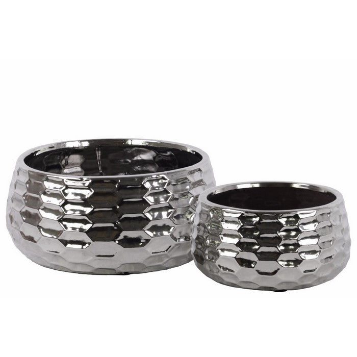 Ceramic Round Bowl-shaped Pot with Honey Comb Design, Set of two, Silver