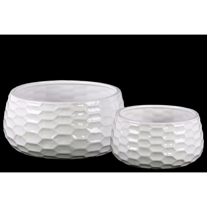 Ceramic Round Bowl-shaped Pot with Honey Comb Design, Set of Two, White