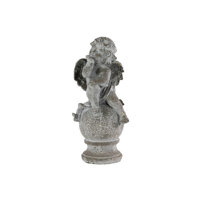 Cemented Cherub Figurine Seated on a Round Pedestal, Gray