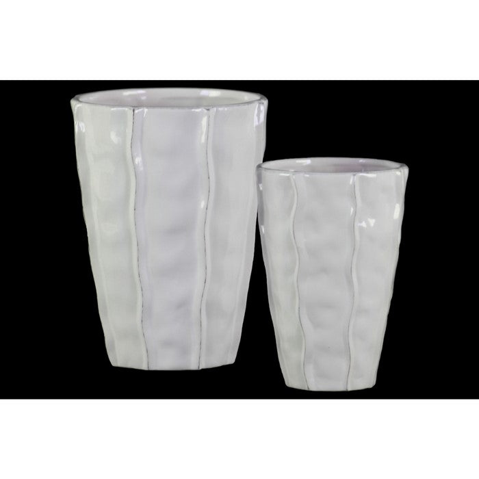 decorative Ceramic Vase With Embedded Wave Design, Glossy White, Set of 2