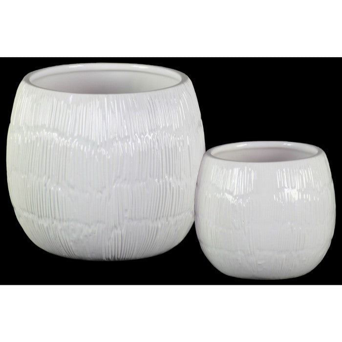 Round Shaped Ceramic Pots with Embossed Lines Design, Glossy White, Set of 2