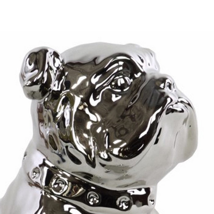 Ceramic Sitting British Bulldog Figurine with Collar, Silver