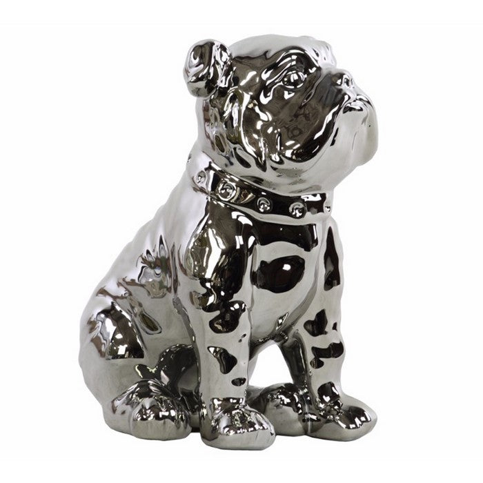 Ceramic Sitting British Bulldog Figurine with Collar, Silver