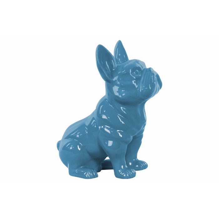 Ceramic Sitting French Bulldog Figurine with Pricked Ears, Glossy Blue