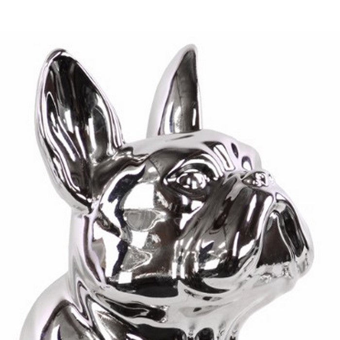 Ceramic Sitting French Bulldog Figurine with Pricked Ears, Silver