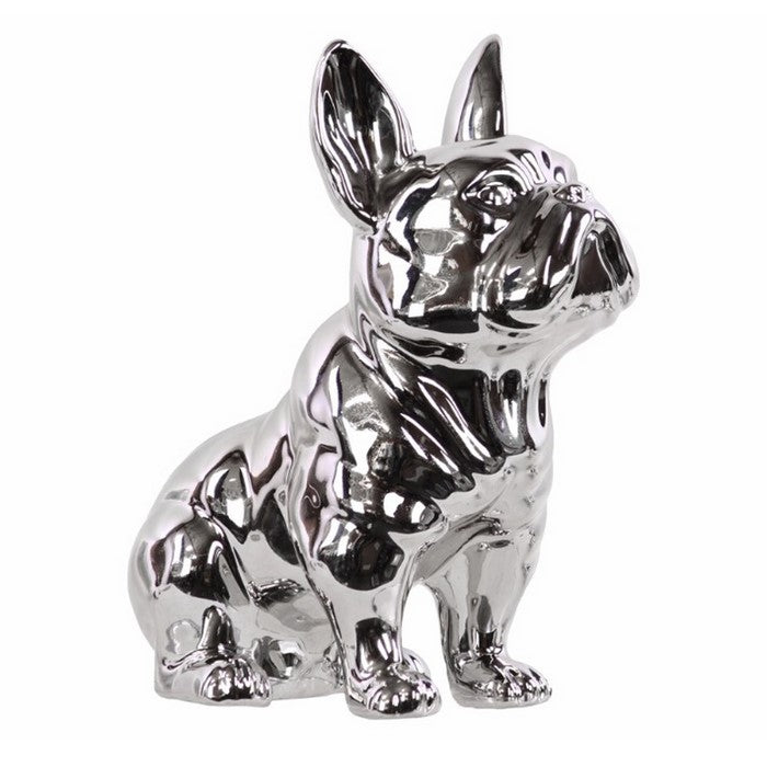 Ceramic Sitting French Bulldog Figurine with Pricked Ears, Silver