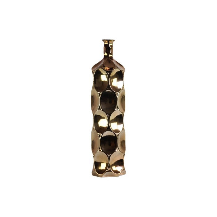 Narrow Neck Ceramic Bottle Vase With Dimpled Pattern, Large, Copper