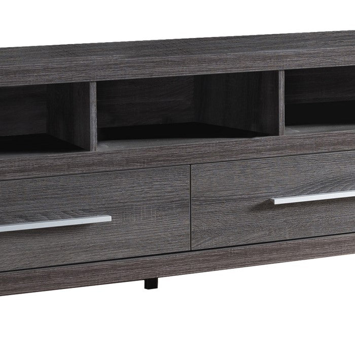 Wooden TV Stand with Two Drawers and Three Open Shelves, Gray