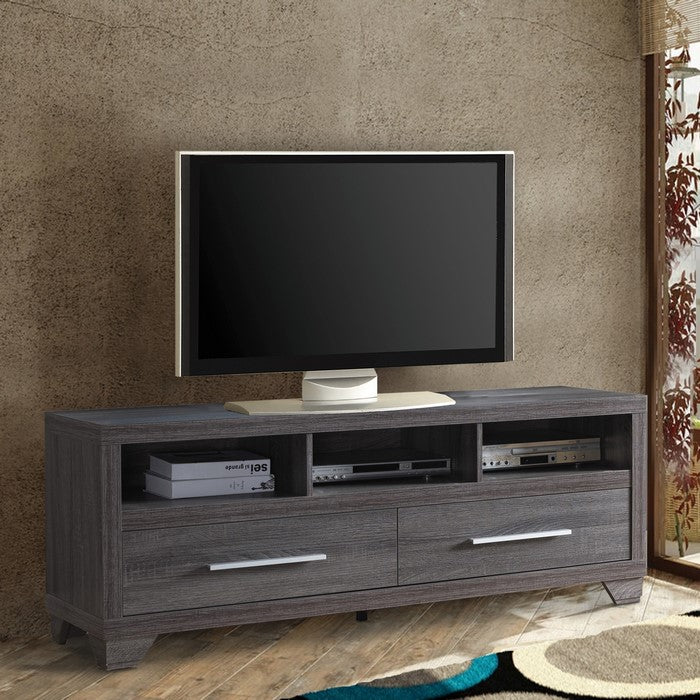 Wooden TV Stand with Two Drawers and Three Open Shelves, Gray