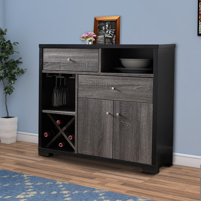 Dual-Tone Wooden Wine Cabinet, Black & Distressed Gray