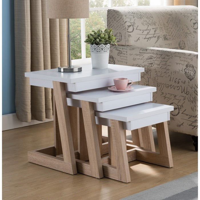 3 Piece Wooden Nesting End Tables, White and Brown