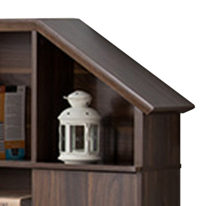 Twin Size Hut Style Bookcase Headboard In Wood, Dark Walnut Brown