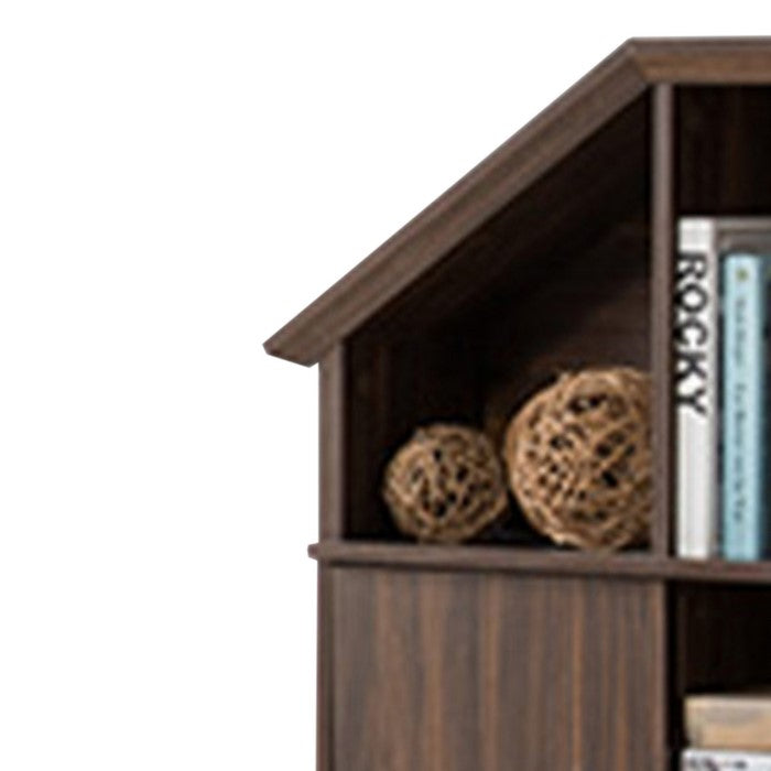 Twin Size Hut Style Bookcase Headboard In Wood, Dark Walnut Brown