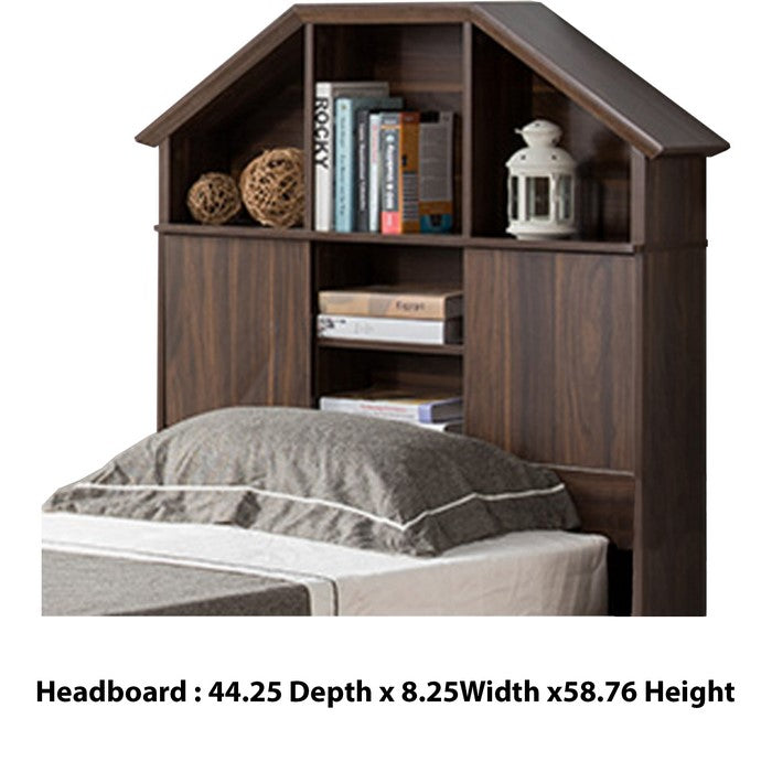 Twin Size Hut Style Bookcase Headboard In Wood, Dark Walnut Brown