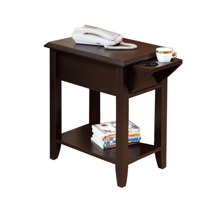 Wooden Chairside Table With Two Cup Holders, Red Cocoa Brown