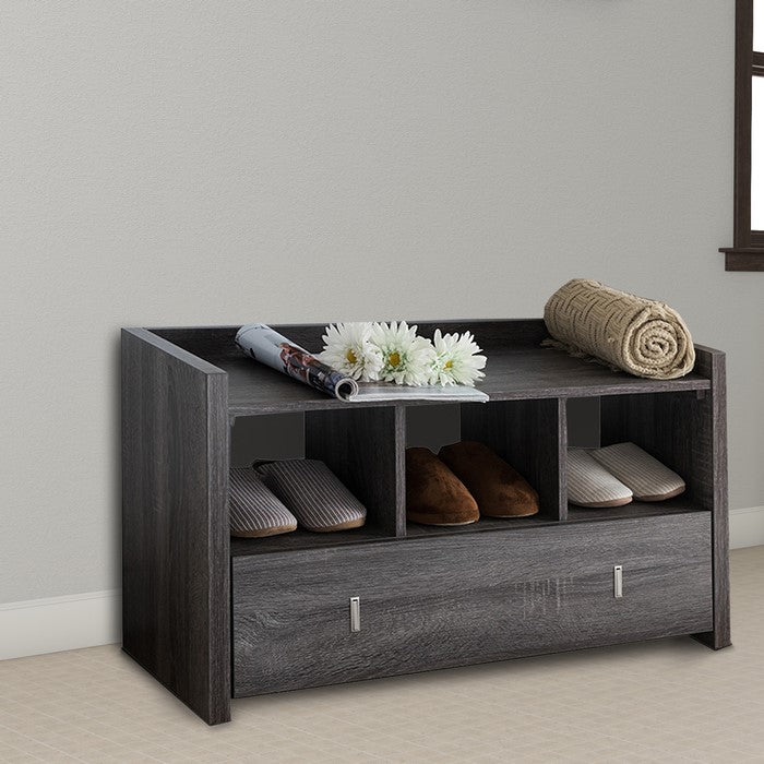Wooden Shoe Bench With 3 Shelves, Distressed Gray