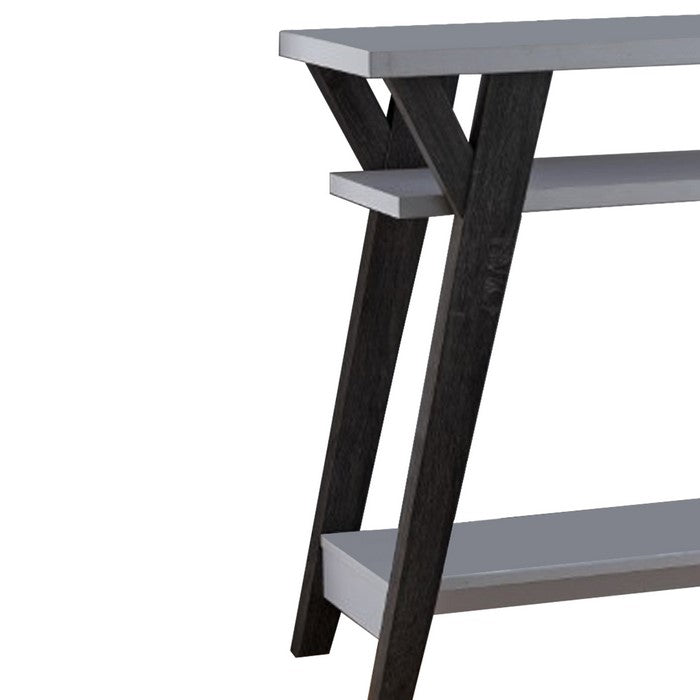 Wooden Console Table With 2 Lower Shelves, White And Distressed Gray