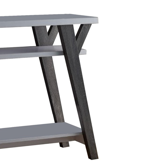 Wooden Console Table With 2 Lower Shelves, White And Distressed Gray