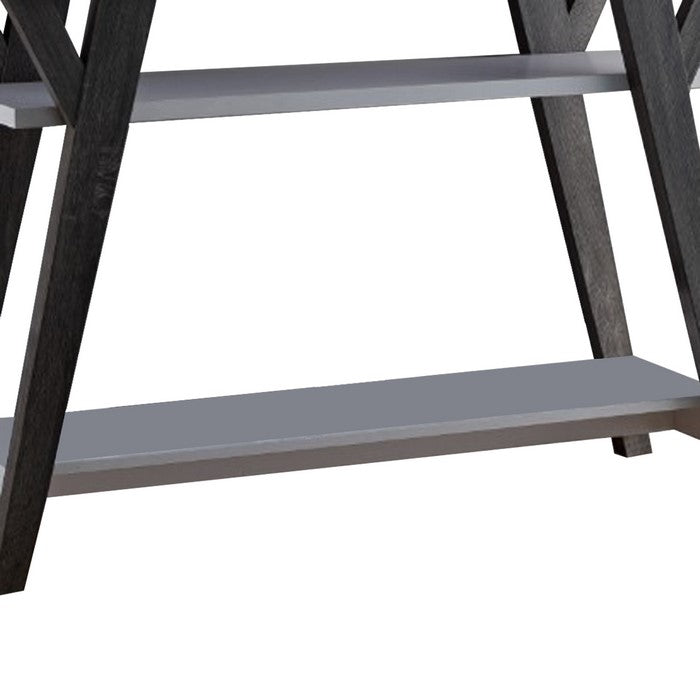 Wooden Console Table With 2 Lower Shelves, White And Distressed Gray