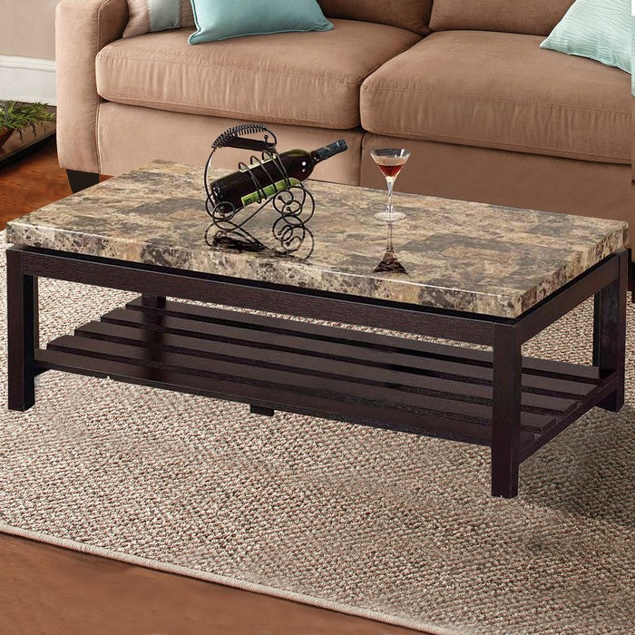 Wooden Coffee Table With Faux Marble Top, Red Cocoa Brown