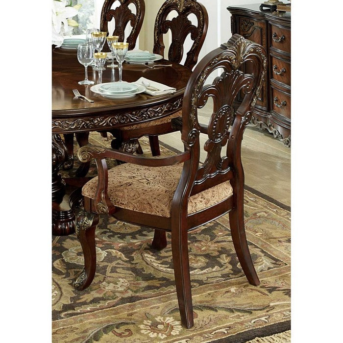 Wood-Fabric Arm Chair With Deep Engraved Design, Brown & Beige (Set of 2)