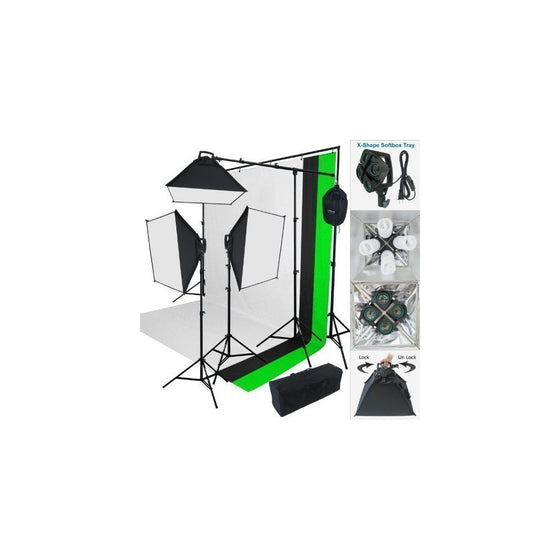 Linco Lincostore 2000 Watt Photo Studio Lighting Kit With 3 Color Muslin Backdrop Stand Photography Flora X Fluorescent 4-Socket Light Bank and Auto Pop-Up Softbox - Only takes 3 seconds to Set-up