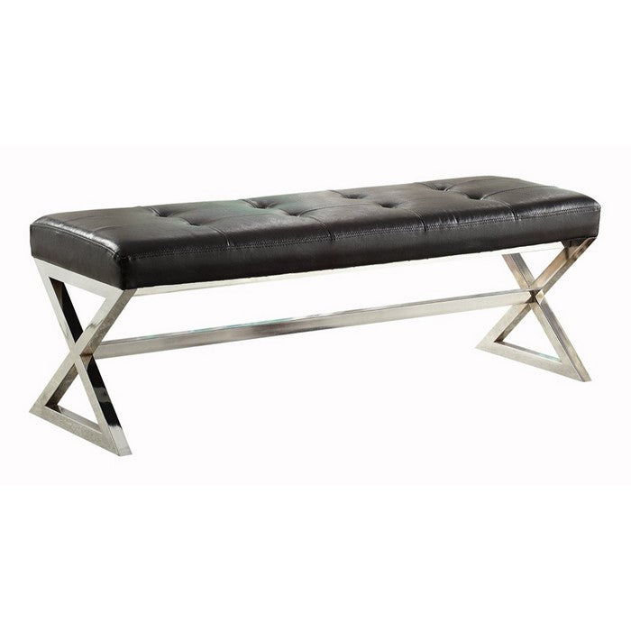 Contemporary Bench Chair With X Chrome Metal Base, Black & Silver