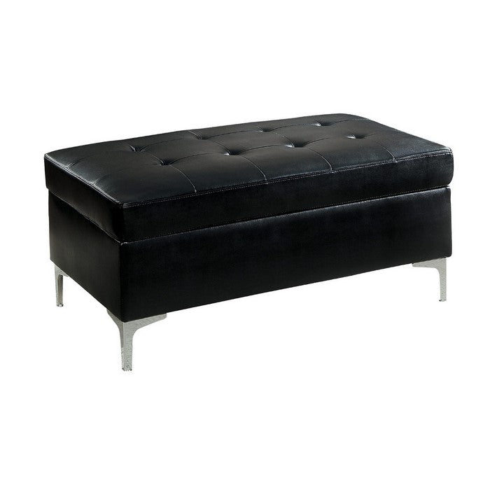 Rectangular Tufted Leather Ottoman With Metal Legs, Black