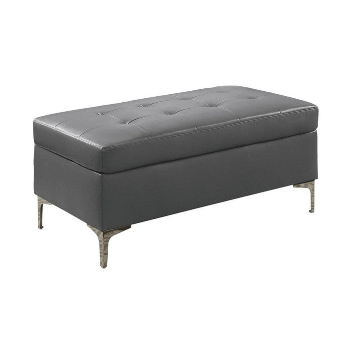 Rectangular Tufted Leather Ottoman, Gray