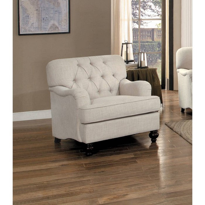 Linen Upholstered Accent Arm Chair with Turned Front Legs, Beige