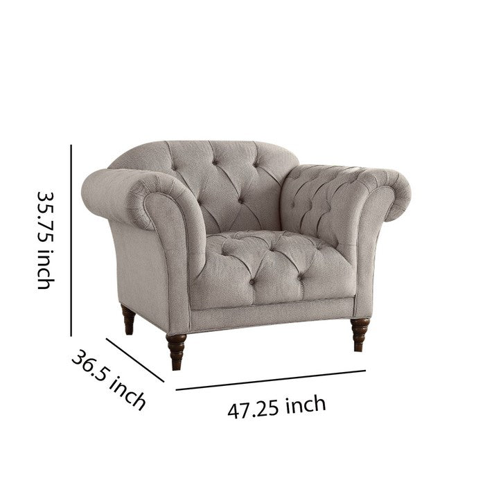 Button Tufted Accent Chair with Turned Legs, Light Gray and Brown