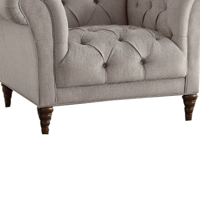 Button Tufted Accent Chair with Turned Legs, Light Gray and Brown
