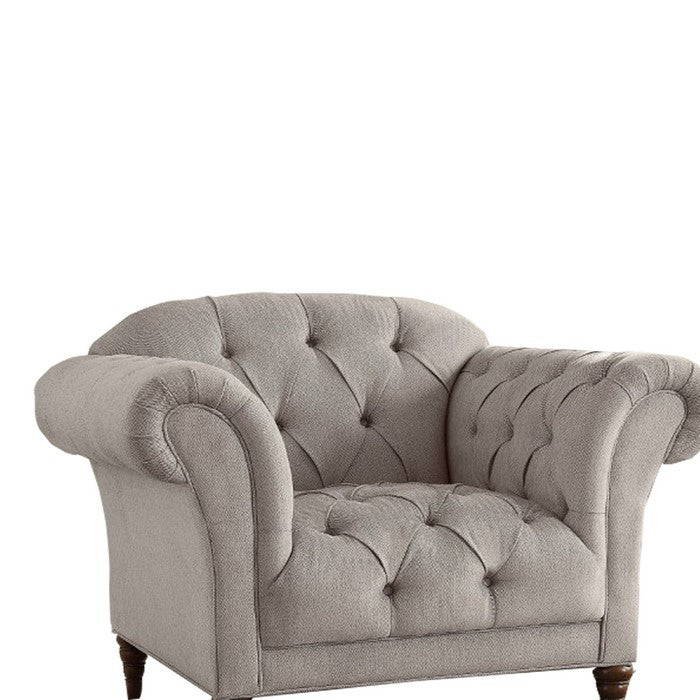 Button Tufted Accent Chair with Turned Legs, Light Gray and Brown