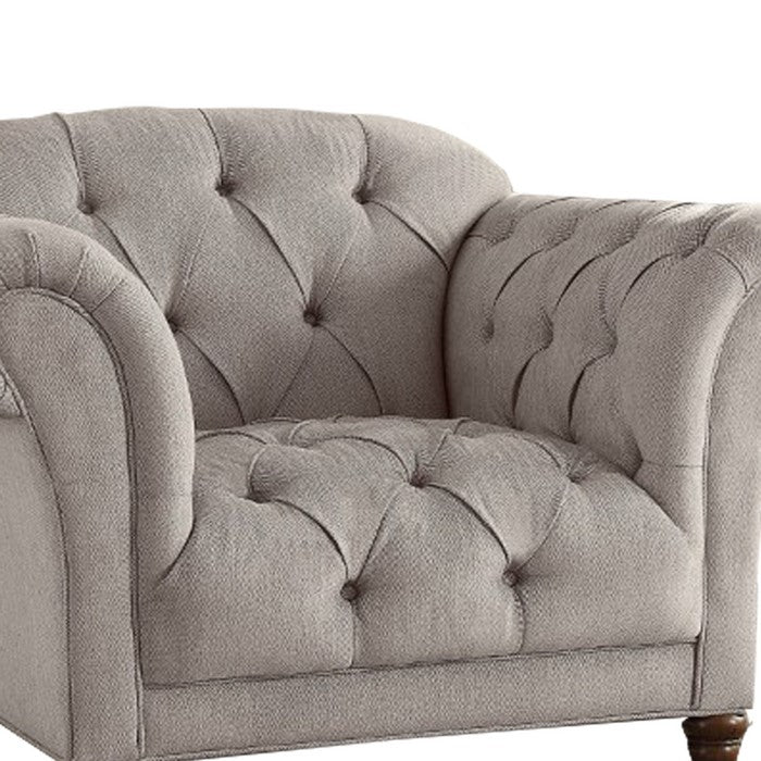 Button Tufted Accent Chair with Turned Legs, Light Gray and Brown