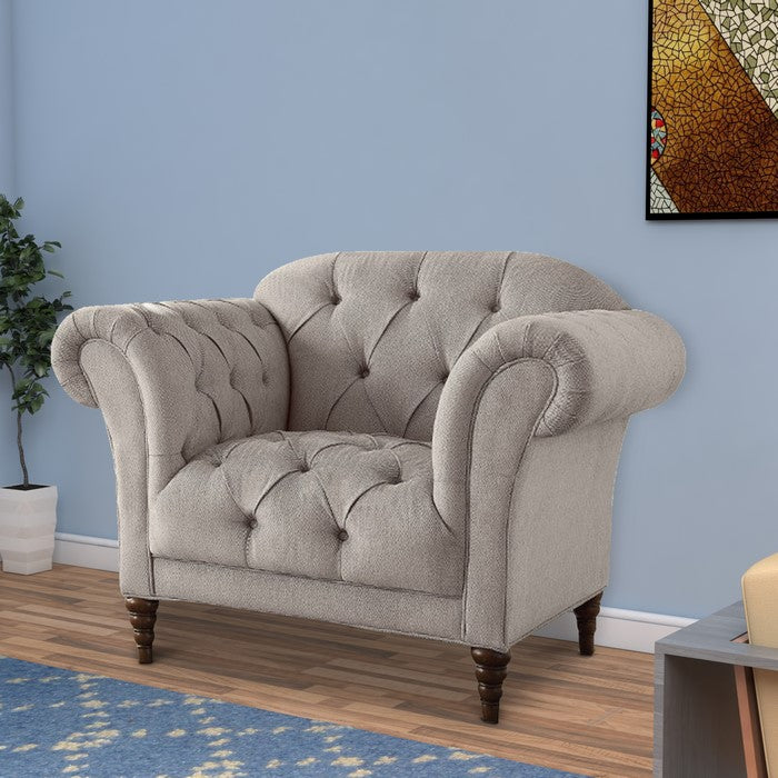 Button Tufted Accent Chair with Turned Legs, Light Gray and Brown
