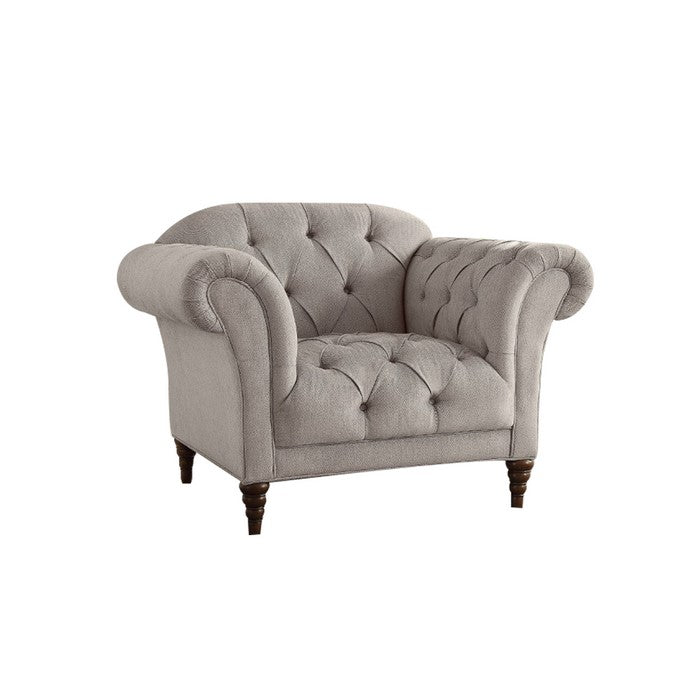 Button Tufted Accent Chair with Turned Legs, Light Gray and Brown