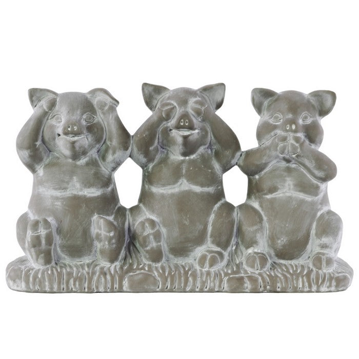 Cemented Sitting Pig No Evil Figurine On Base, Concrete Gray