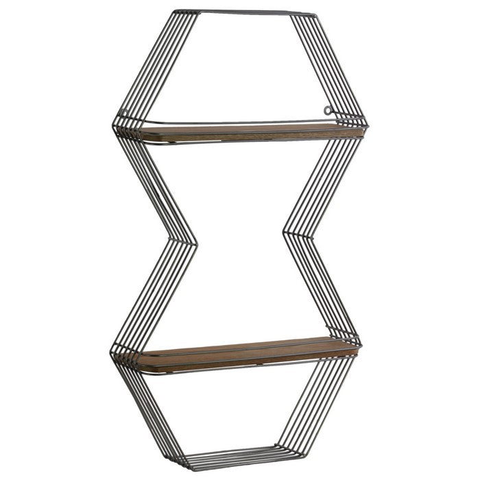 Hexagonal Shape 2 Tier Metal And Wood Wall Shelf, Metallic Gray