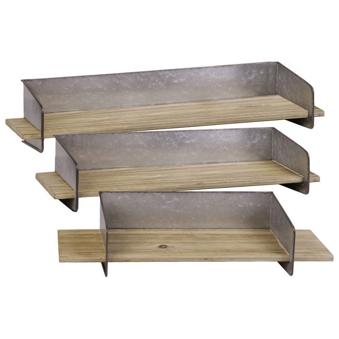 Rectangular Wooden Wall Shelf With Metal Backing, Set Of 3, Natural Brown