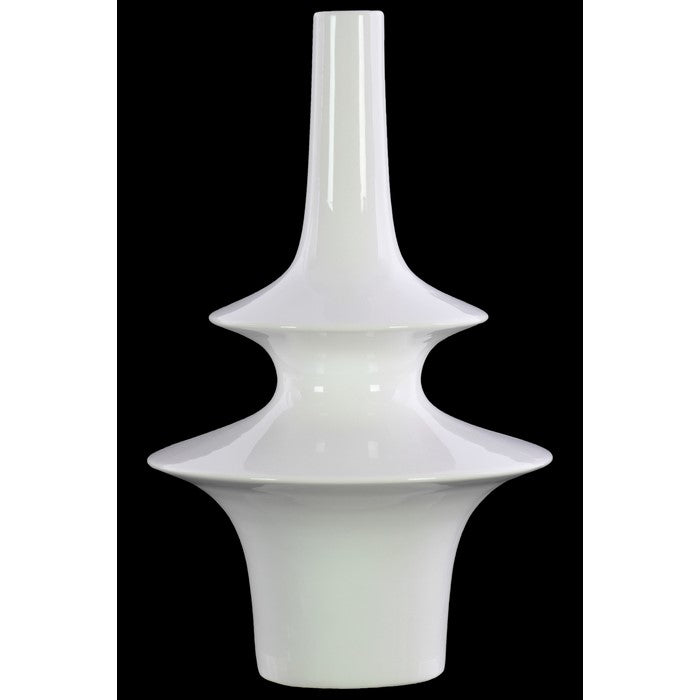 2 Tiered Stoneware Round Vase With Long Neck, Glossy White