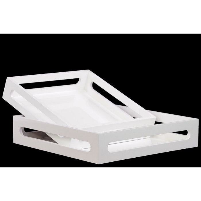 Wooden Serving Tray with Cutout Handles, Set of 2, Coated White