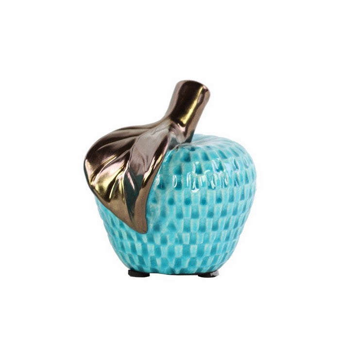 Ceramic Apple Figurine With Checkered Pattern, Turquoise Blue And Bronze