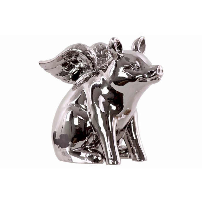 Winged Pig Sitting Figurine In Ceramic, Chrome Silver
