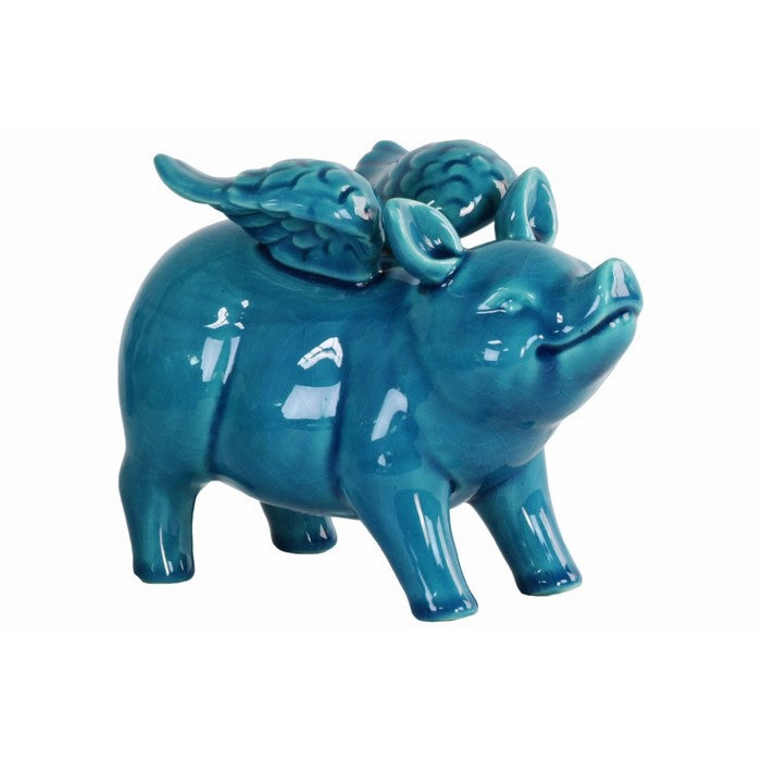 Winged Pig Standing Ceramic Figurine In Turquoise Blue