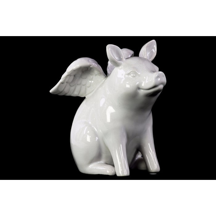 Winged Pig Sitting Ceramic Figurine, Glossy White