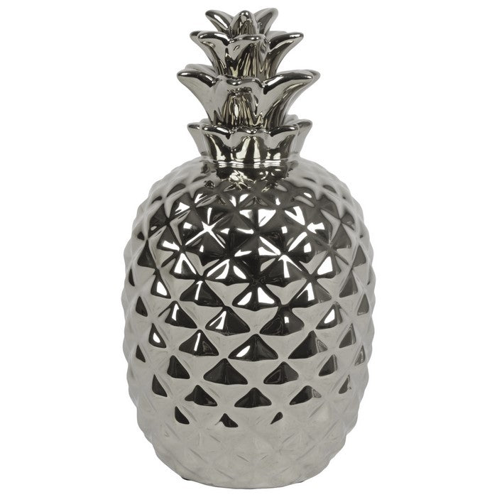 Patterned Pineapple Figurine In Ceramic, Chrome Silver