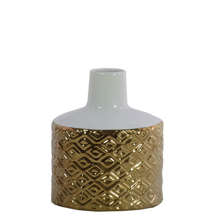 Round Ceramic Vase With Engraved Double Diamond Pattern, Small, Gold And White