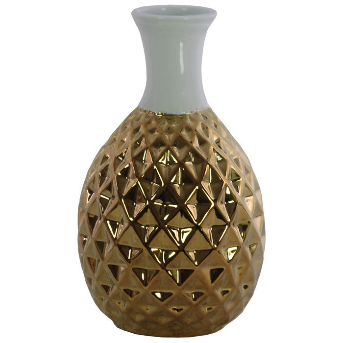Round Ceramic Belied Vase with Engraved Diamond Pattern, Chrome Gold